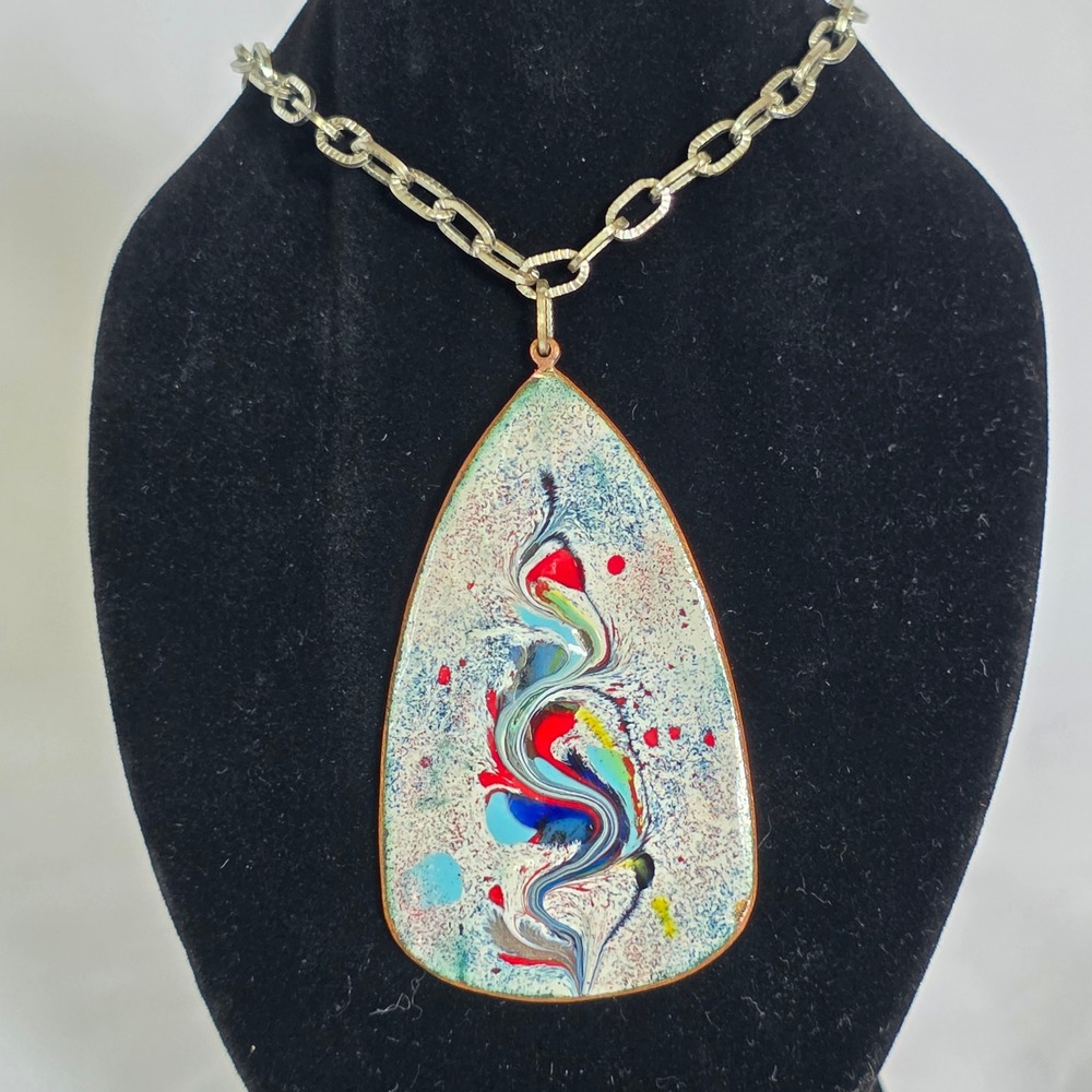 Vintage MCM Artisan Enamel on Copper Pendant Necklace Mid-Century Modernist